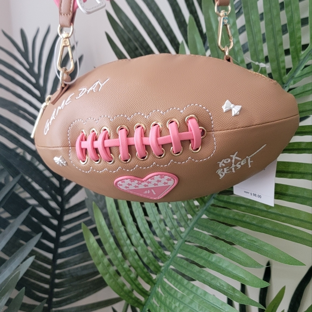NWT Betsy Johnson Pink, White and Brown Game Day Football Crossbody Purse / Bag - Picture 7 of 8